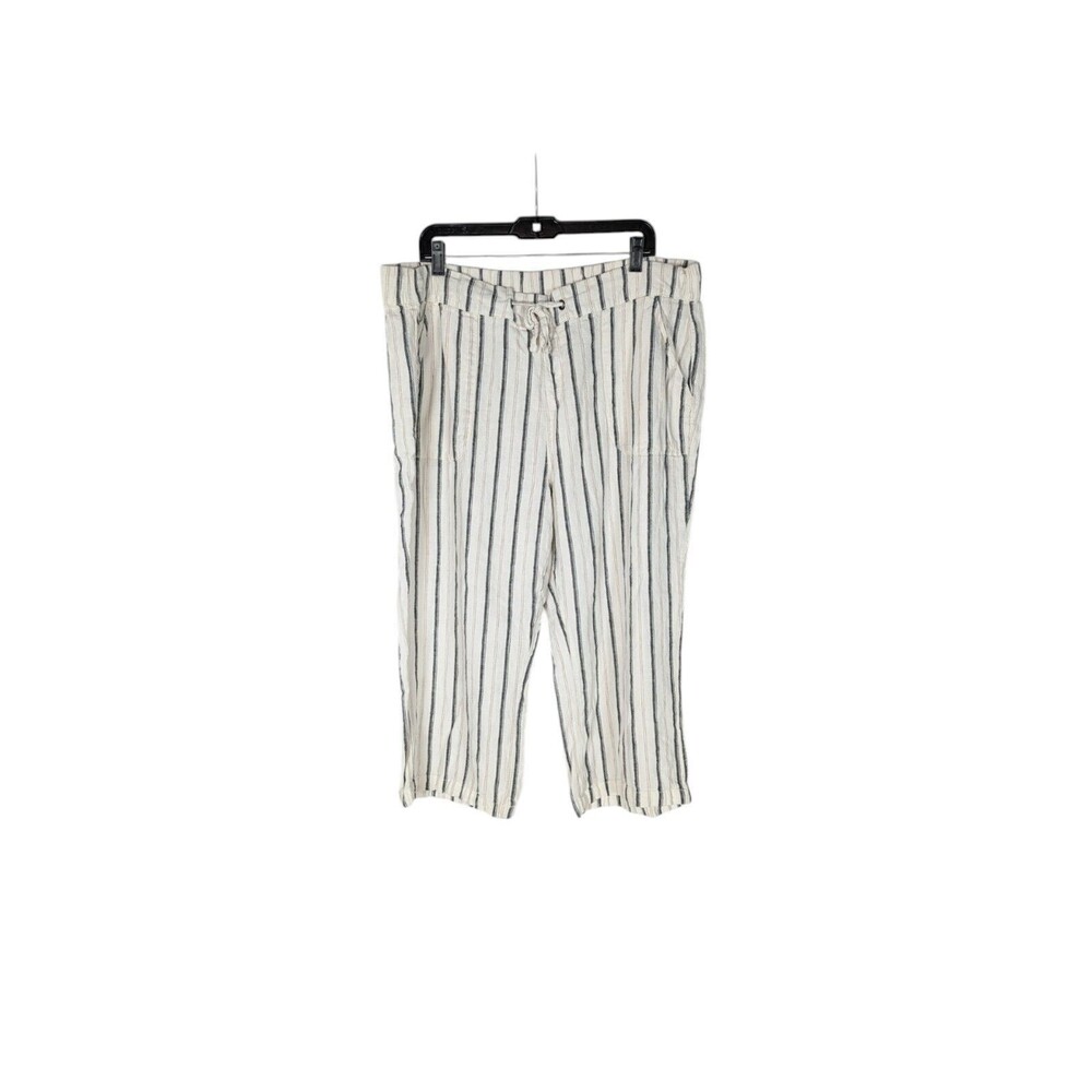 Denim & Co Naturals Cropped Pants 1X Women's Beige Striped Drawstring Linen Flax